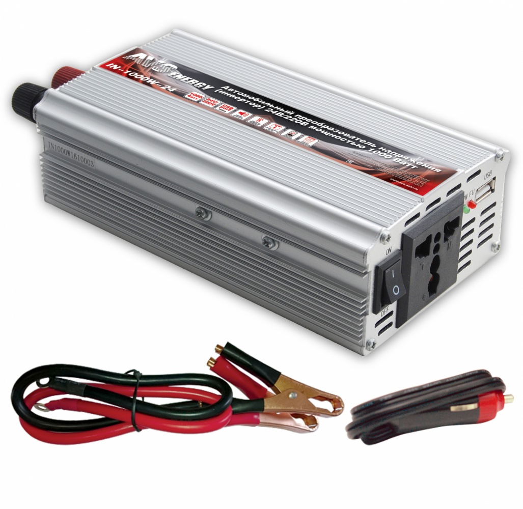 Преобразователь напряжения автомобильный AVS IN-1000W-24 (24В > 220В, 1000 Вт, USB)